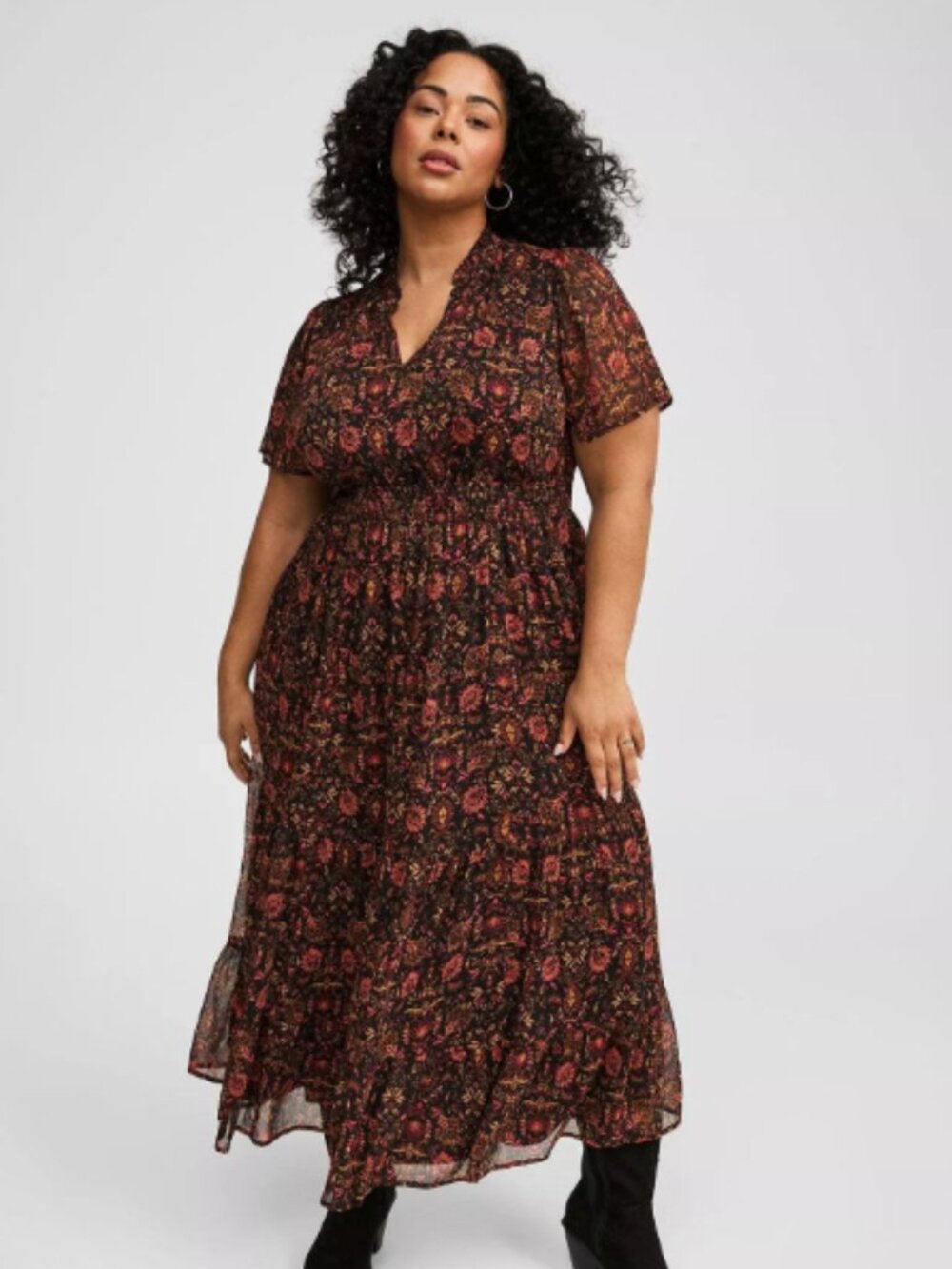 Maxi Crinkle Chiffon Ruffle Neckline Dress